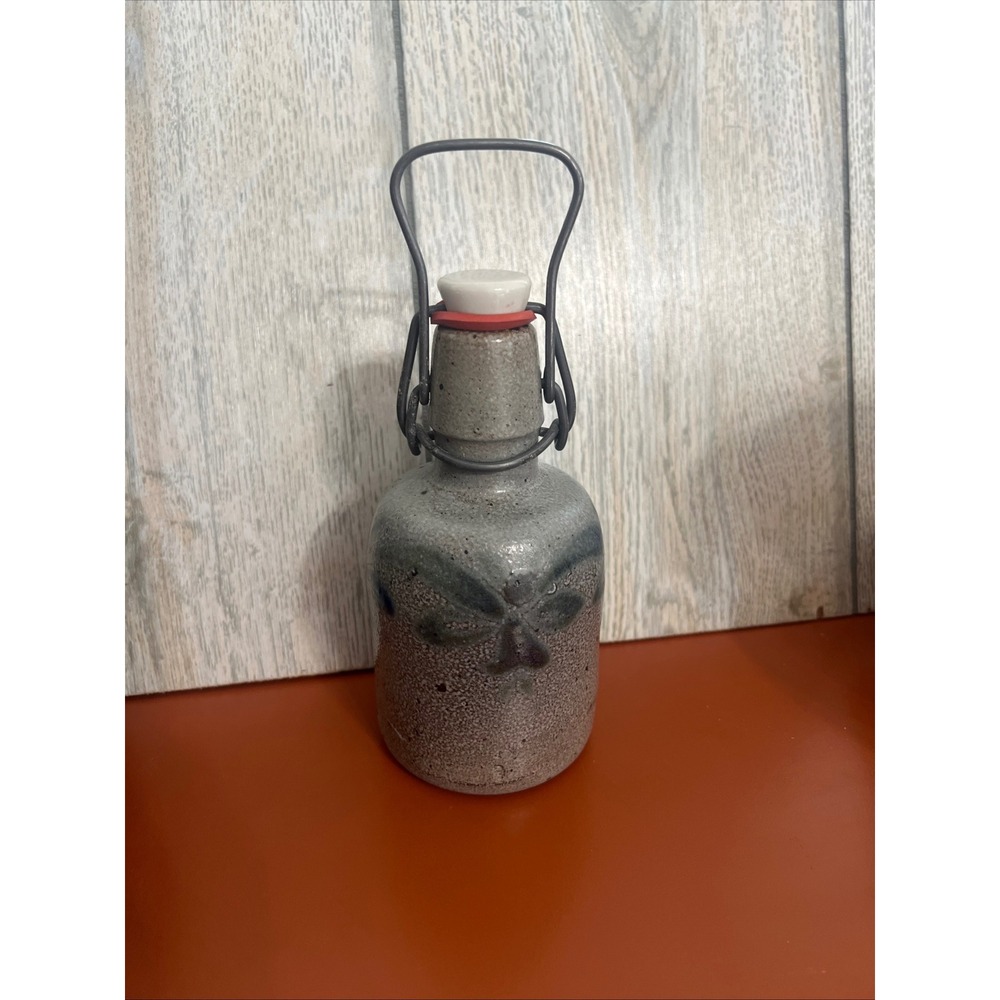 Vintage Salt Glaze Stoneware Bottle 0.2L Cobalt Blue Floral Swing Top Stopper